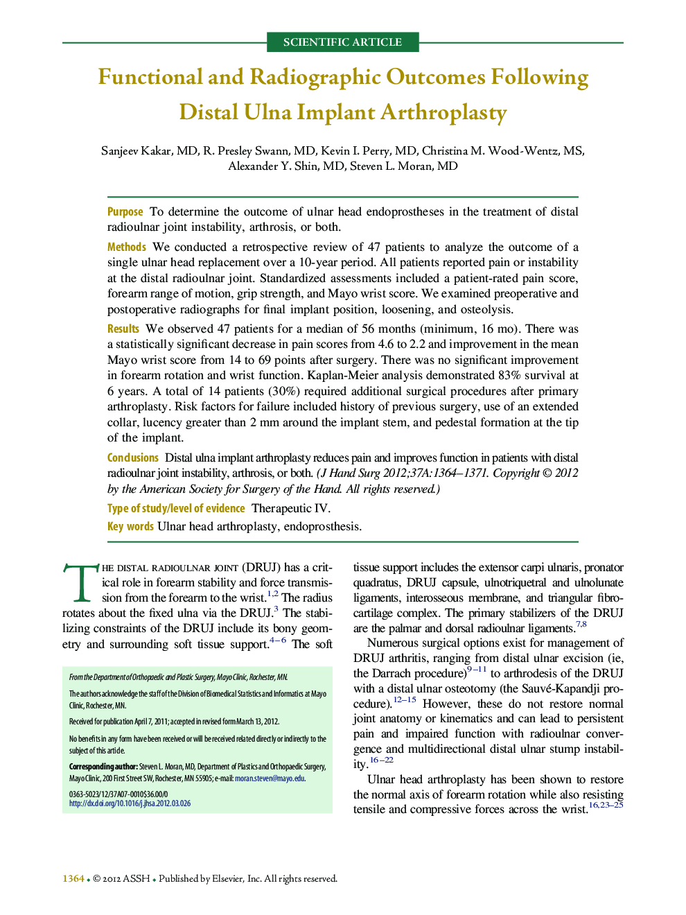 Functional and Radiographic Outcomes Following Distal Ulna Implant Arthroplasty 