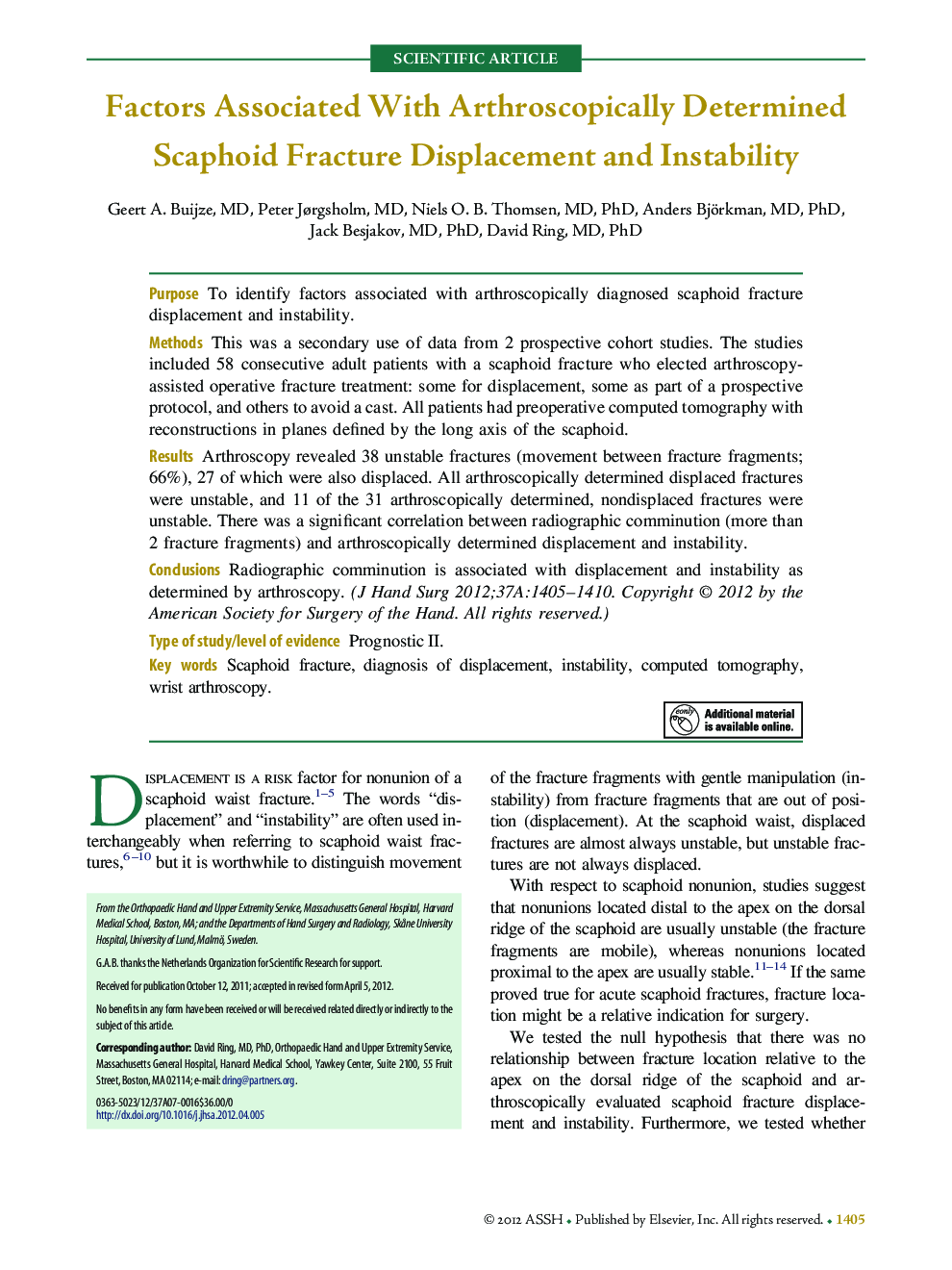 Factors Associated With Arthroscopically Determined Scaphoid Fracture Displacement and Instability 