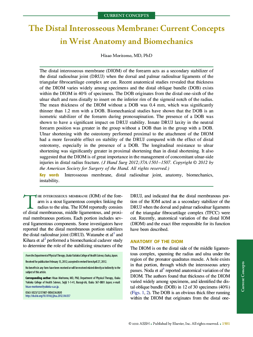 The Distal Interosseous Membrane: Current Concepts in Wrist Anatomy and Biomechanics 