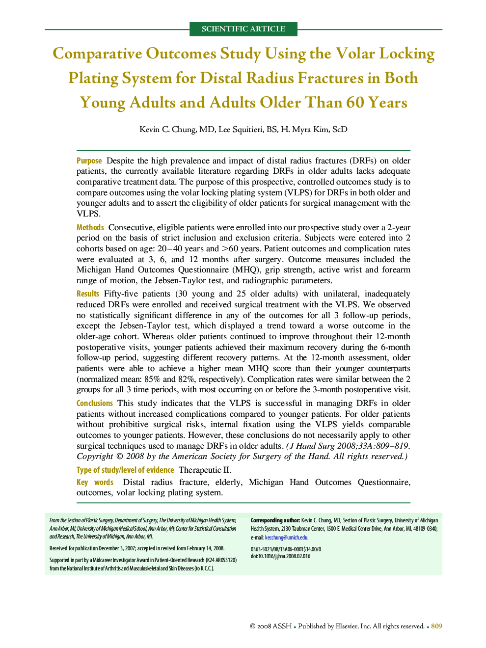 Comparative Outcomes Study Using the Volar Locking Plating System for Distal Radius Fractures in Both Young Adults and Adults Older Than 60 Years 