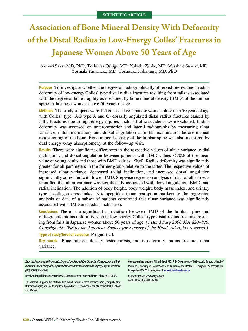 Association of Bone Mineral Density With Deformity of the Distal Radius in Low-Energy Colles' Fractures in Japanese Women Above 50 Years of Age 