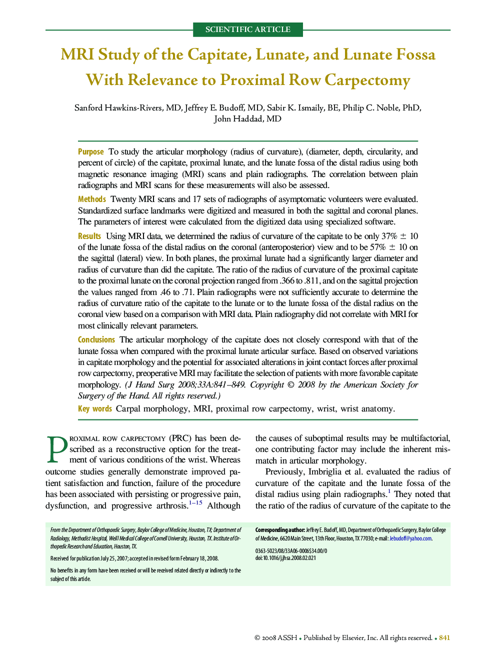 MRI Study of the Capitate, Lunate, and Lunate Fossa With Relevance to Proximal Row Carpectomy 