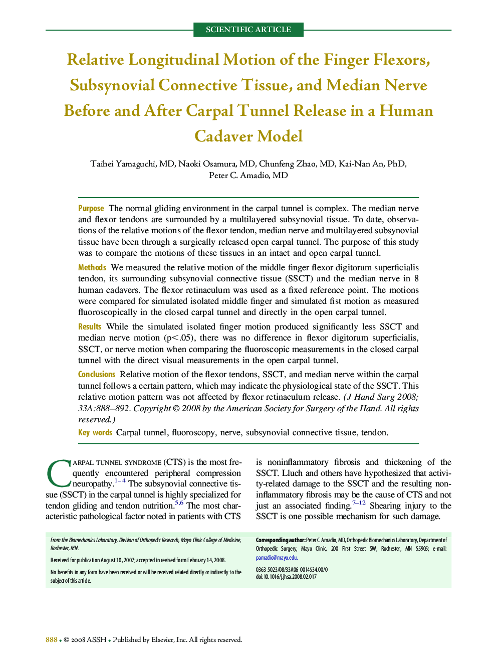 Relative Longitudinal Motion of the Finger Flexors, Subsynovial Connective Tissue, and Median Nerve Before and After Carpal Tunnel Release in a Human Cadaver Model 