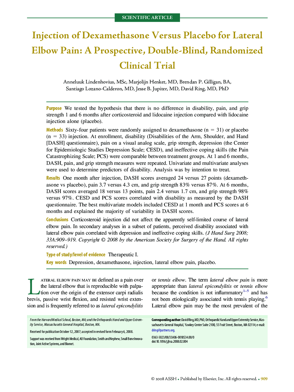 Injection of Dexamethasone Versus Placebo for Lateral Elbow Pain: A Prospective, Double-Blind, Randomized Clinical Trial 