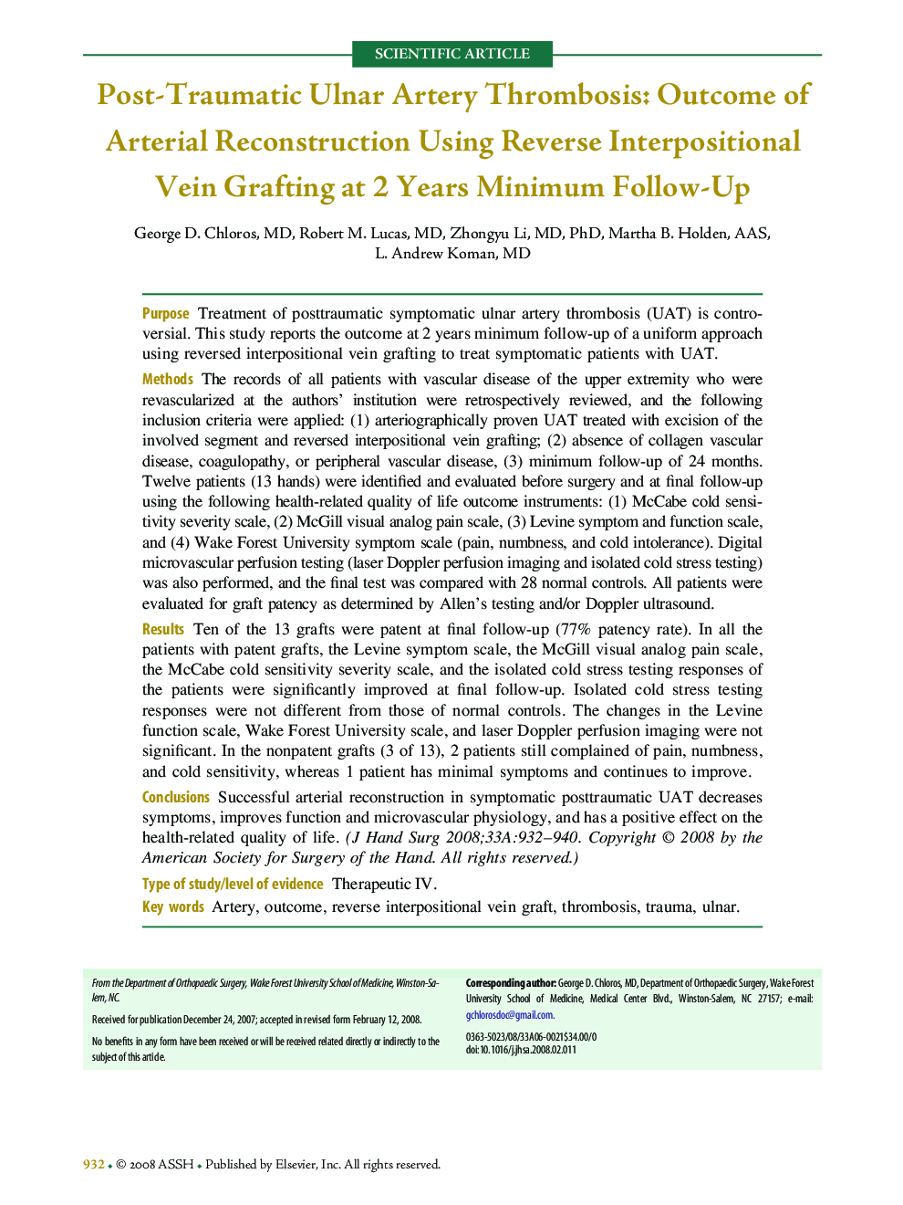 Post-Traumatic Ulnar Artery Thrombosis: Outcome of Arterial Reconstruction Using Reverse Interpositional Vein Grafting at 2 Years Minimum Follow-Up 