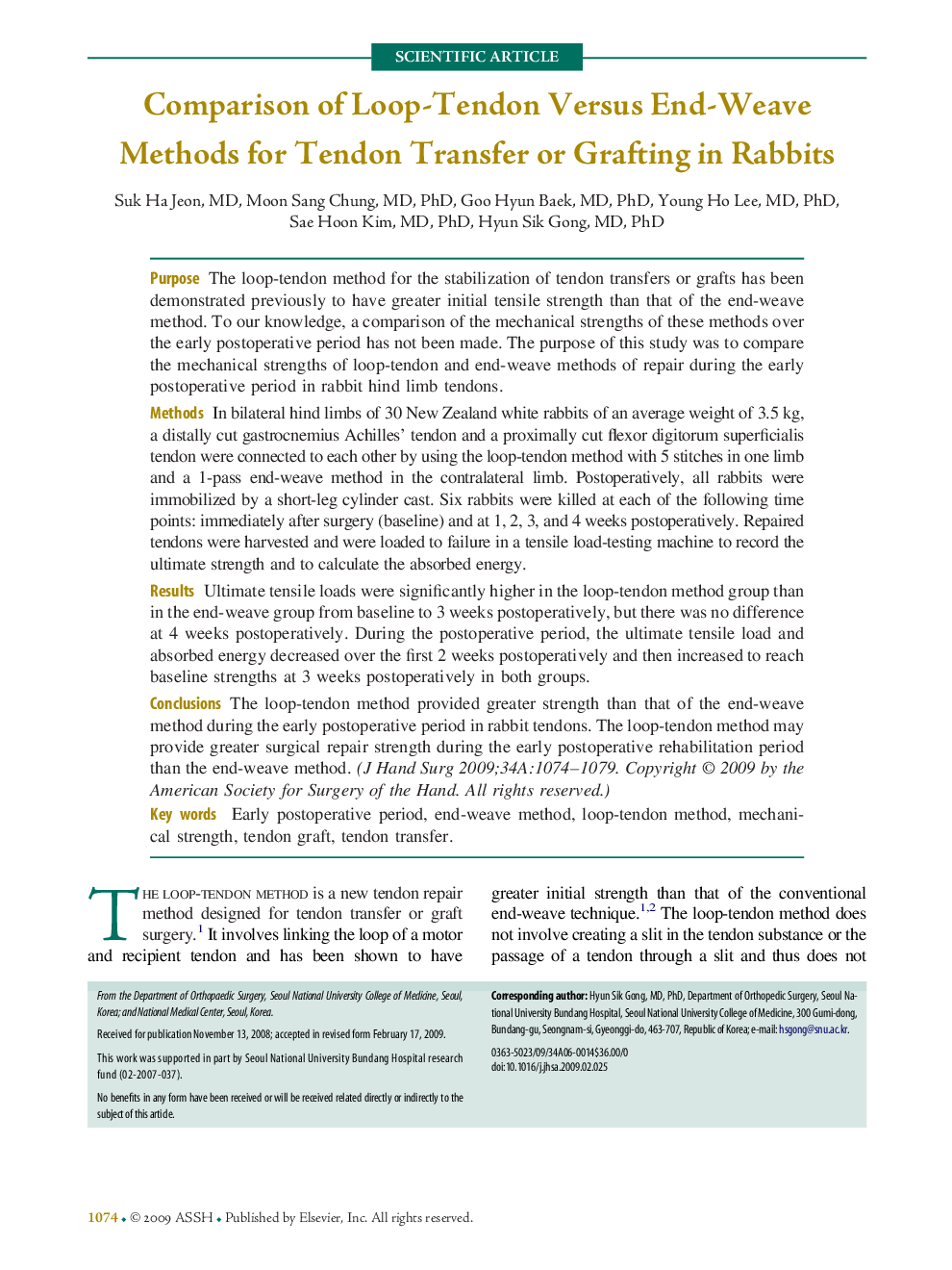 Comparison of Loop-Tendon Versus End-Weave Methods for Tendon Transfer or Grafting in Rabbits 