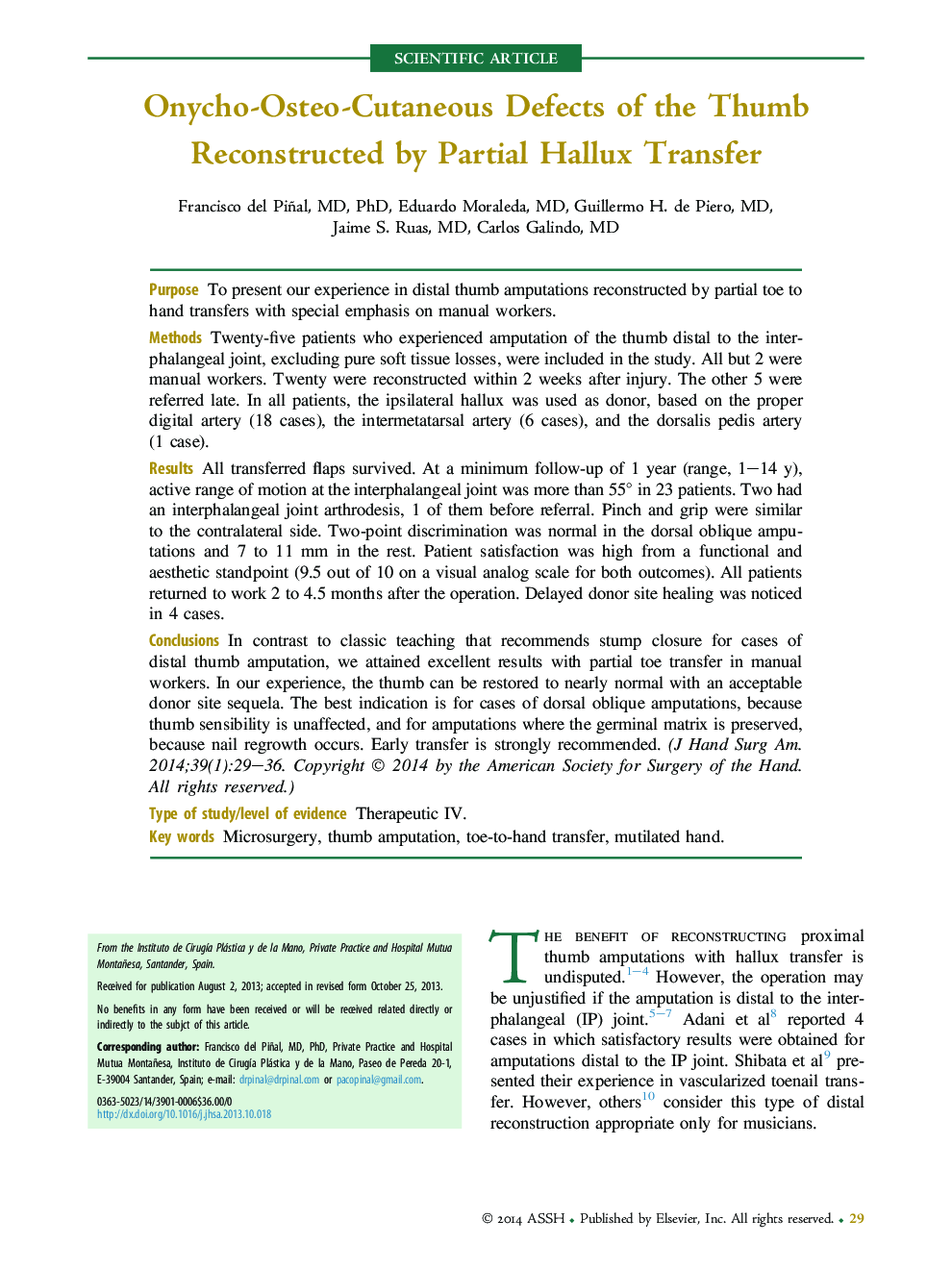 Onycho-Osteo-Cutaneous Defects of the Thumb Reconstructed by Partial Hallux Transfer 