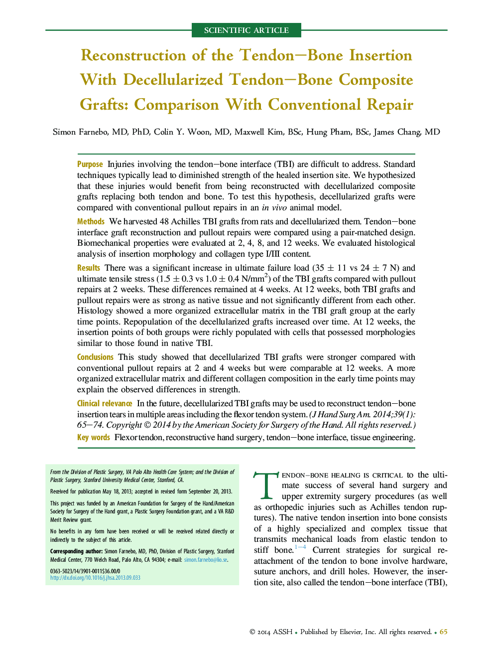 Reconstruction of the Tendon–Bone Insertion With Decellularized Tendon–Bone Composite Grafts: Comparison With Conventional Repair 