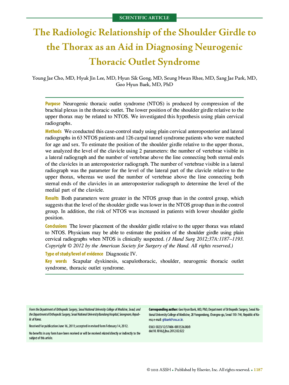 The Radiologic Relationship of the Shoulder Girdle to the Thorax as an Aid in Diagnosing Neurogenic Thoracic Outlet Syndrome 