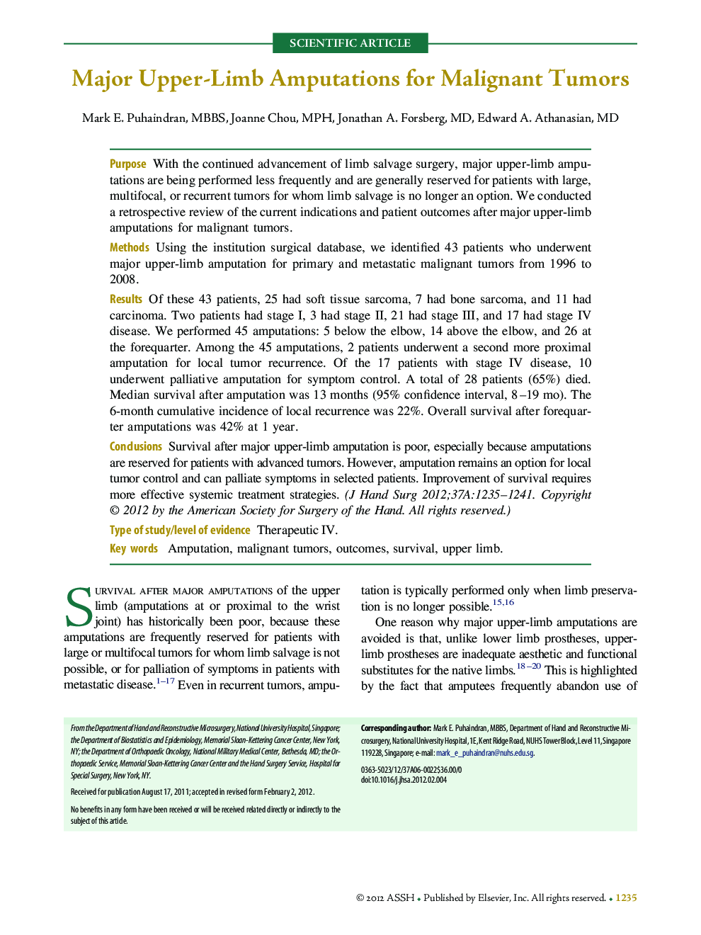 Major Upper-Limb Amputations for Malignant Tumors 