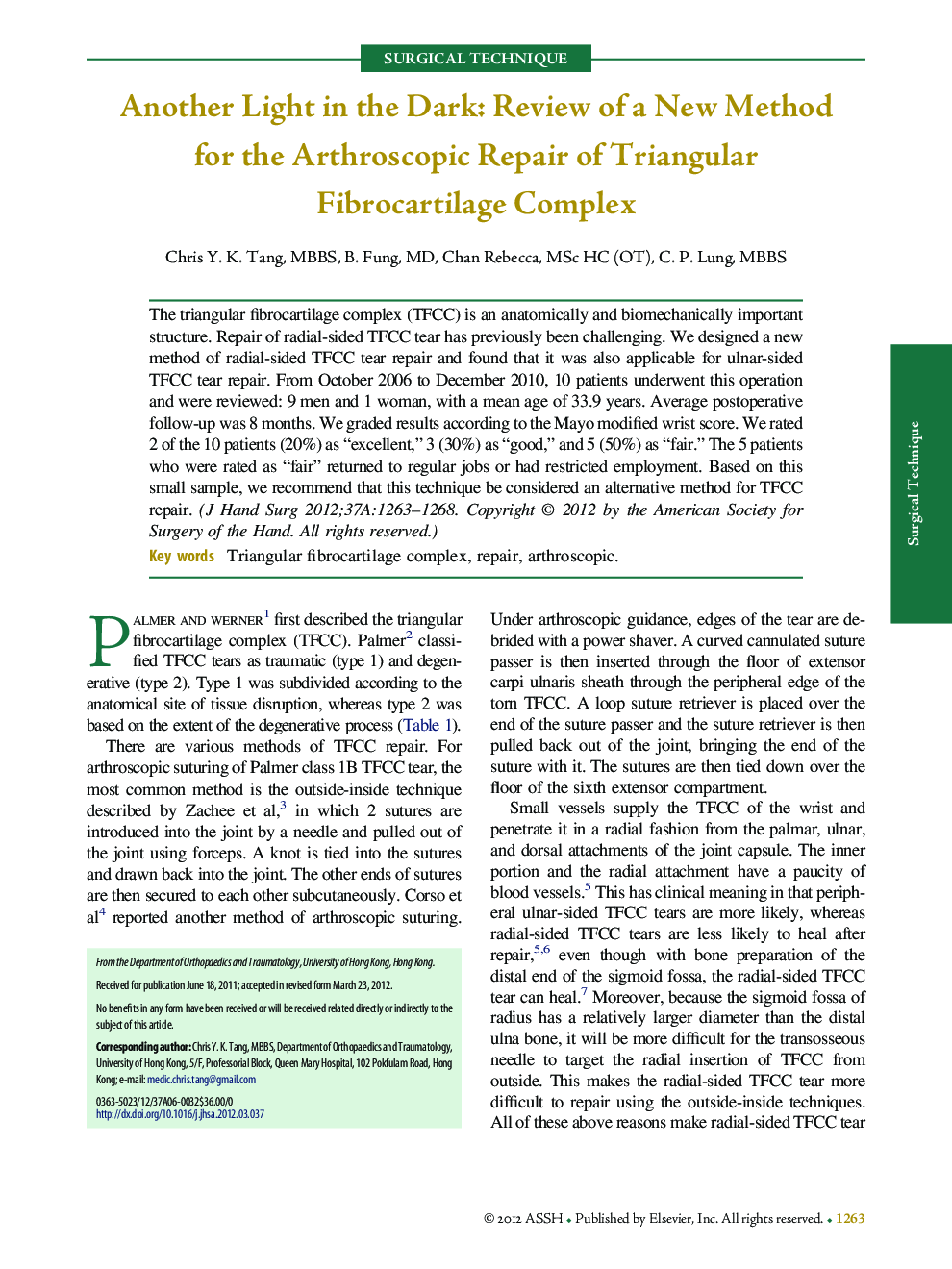 Another Light in the Dark: Review of a New Method for the Arthroscopic Repair of Triangular Fibrocartilage Complex 