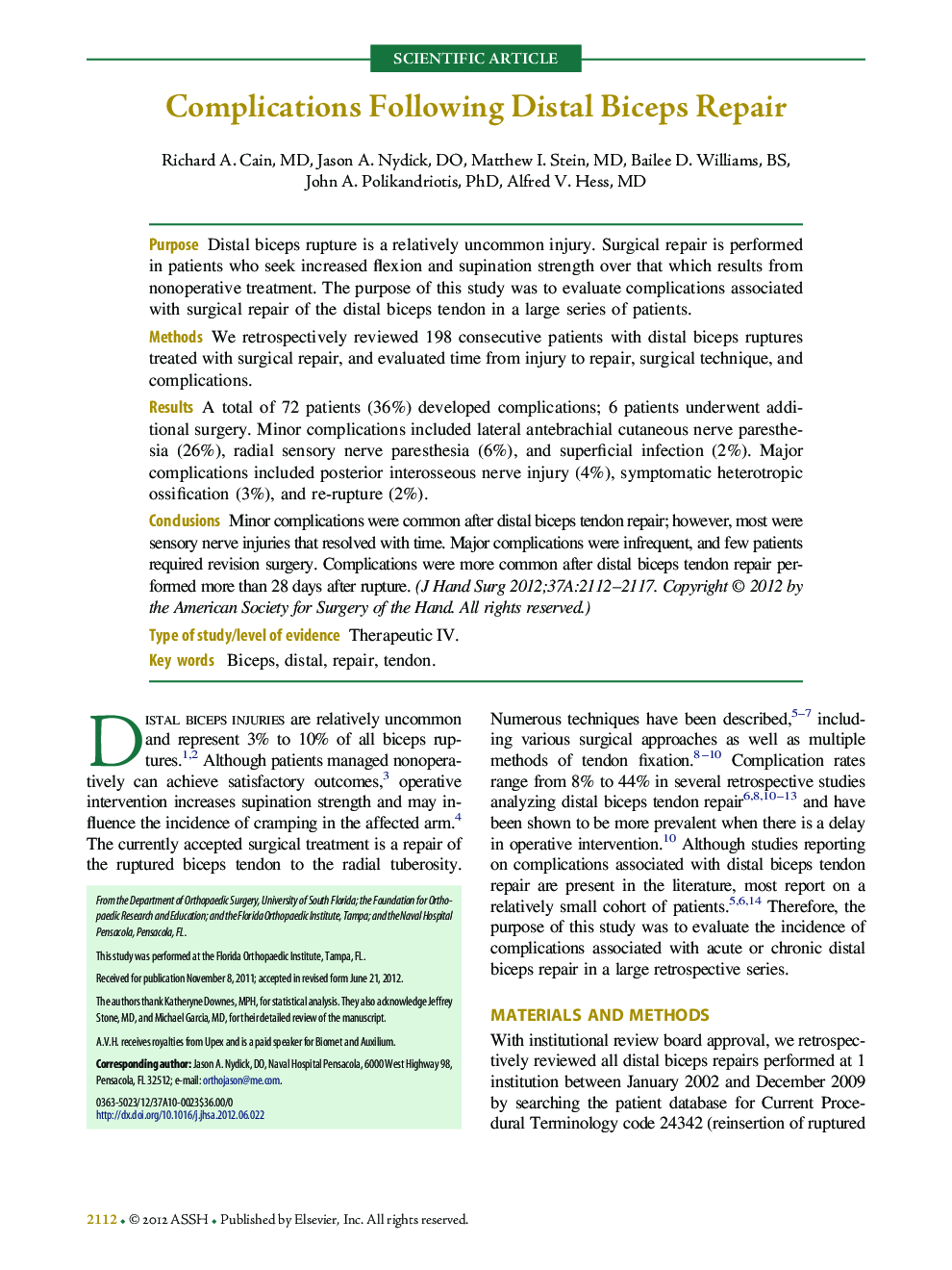 Complications Following Distal Biceps Repair 