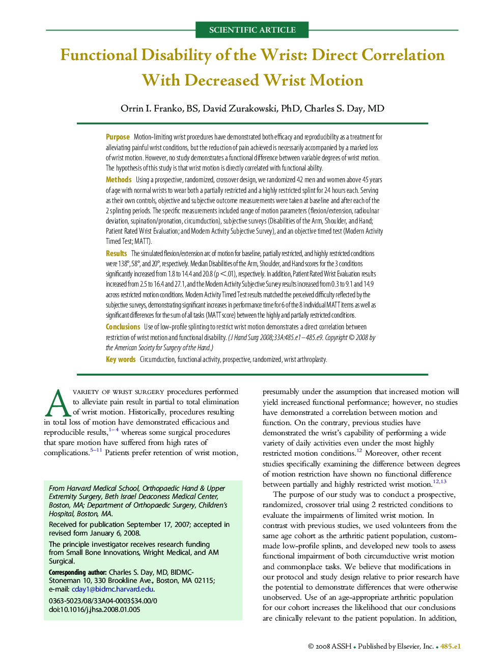 Functional Disability of the Wrist: Direct Correlation With Decreased Wrist Motion