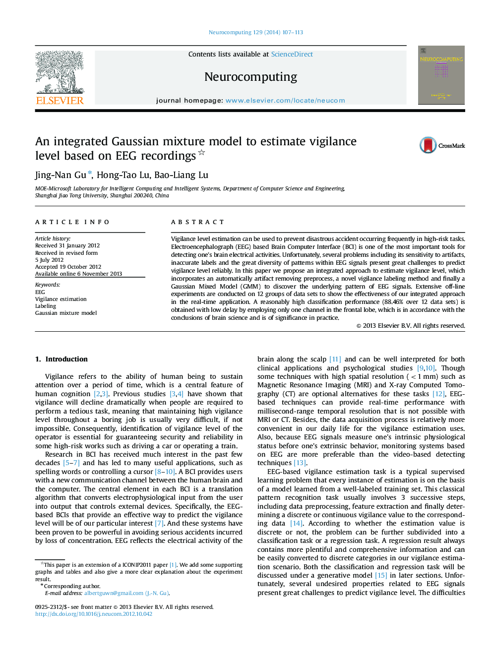 An integrated Gaussian mixture model to estimate vigilance level based on EEG recordings 