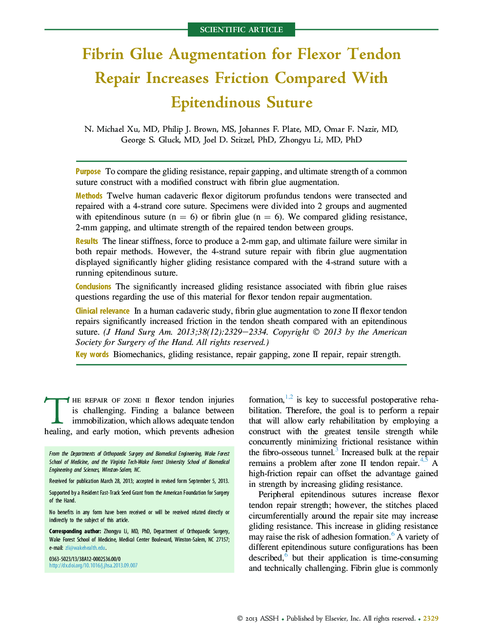 Fibrin Glue Augmentation for Flexor Tendon Repair Increases Friction Compared With Epitendinous Suture 