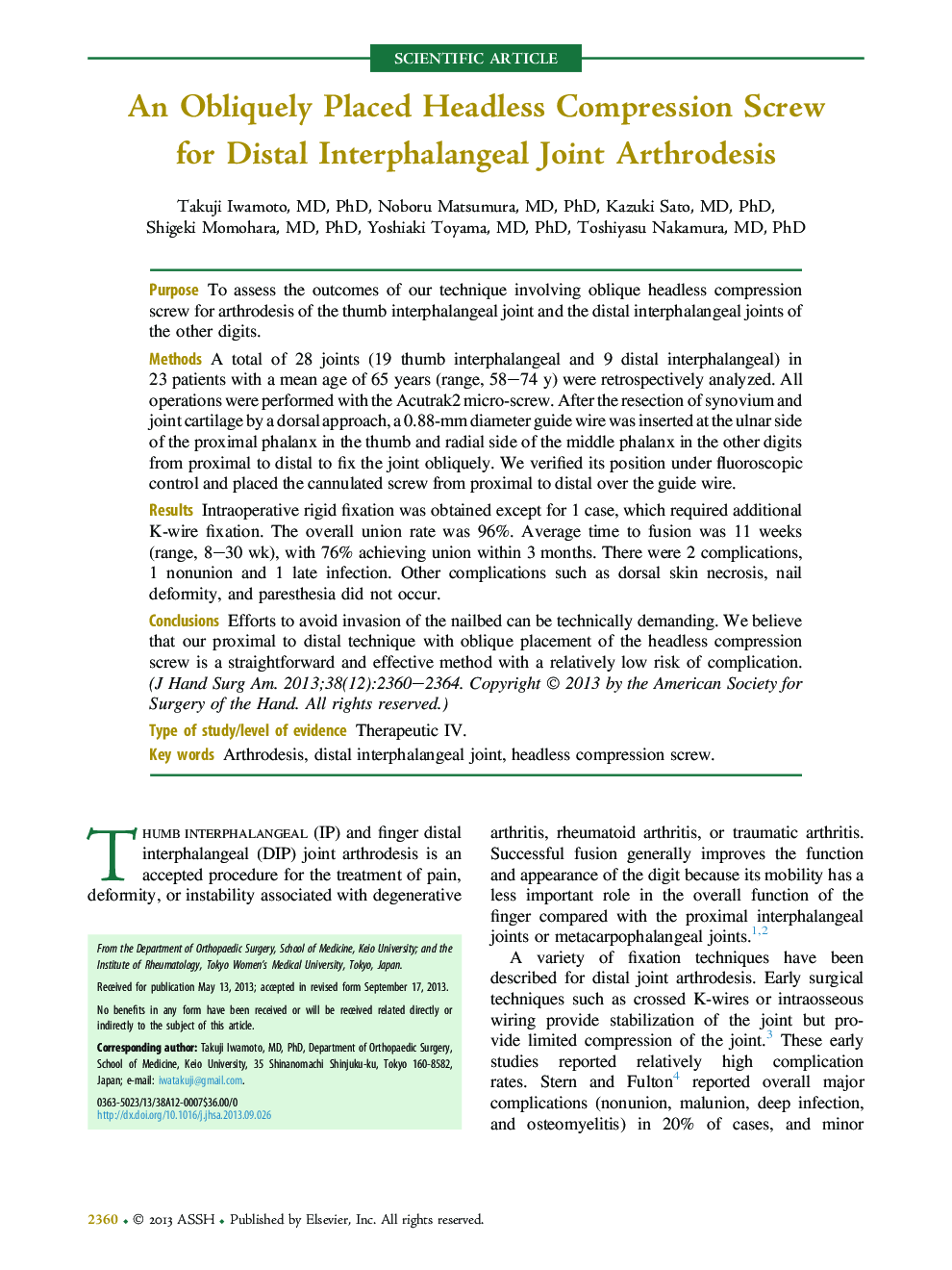 An Obliquely Placed Headless Compression Screw for Distal Interphalangeal Joint Arthrodesis 