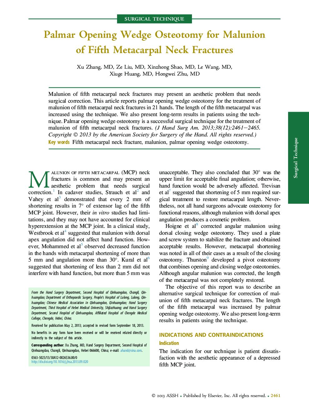 Palmar Opening Wedge Osteotomy for Malunion of Fifth Metacarpal Neck Fractures 