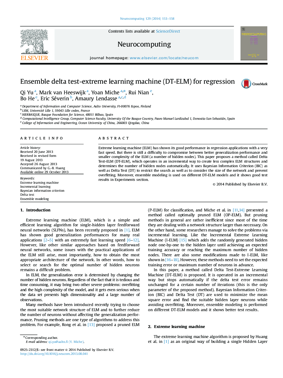 Ensemble delta test-extreme learning machine (DT-ELM) for regression