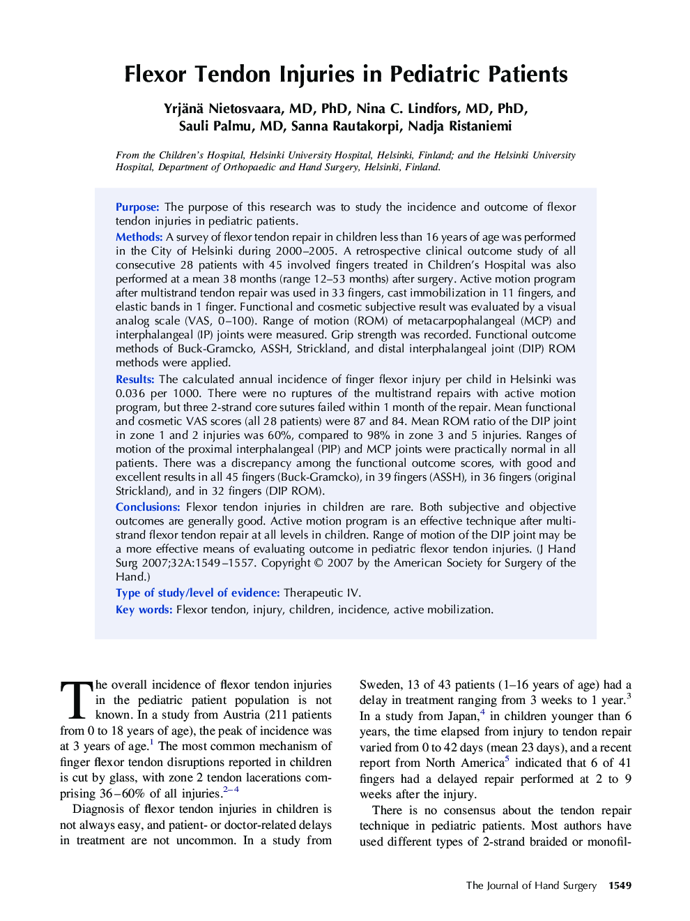 Flexor Tendon Injuries in Pediatric Patients 