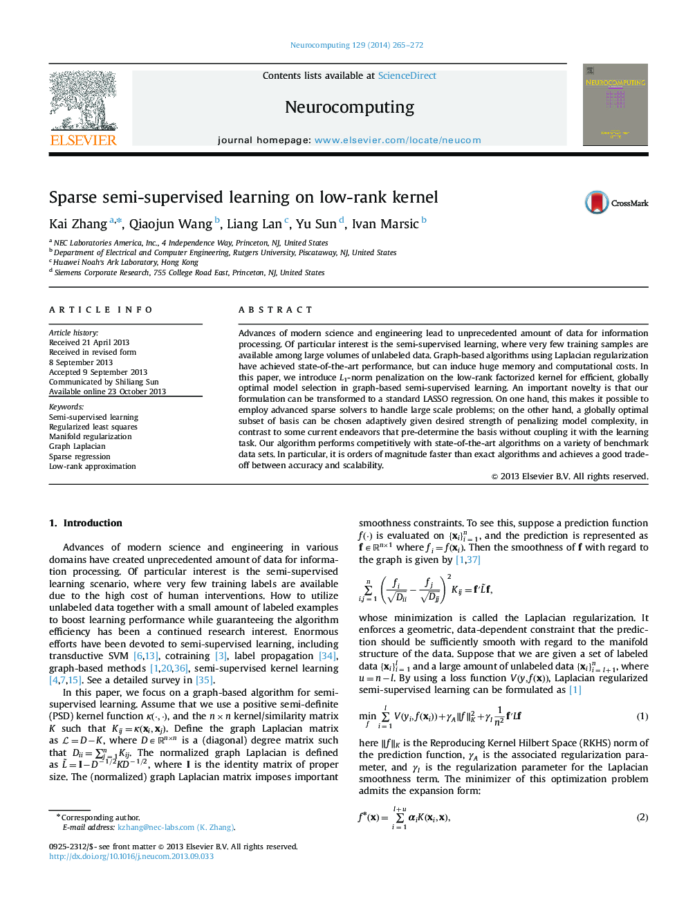 Sparse semi-supervised learning on low-rank kernel