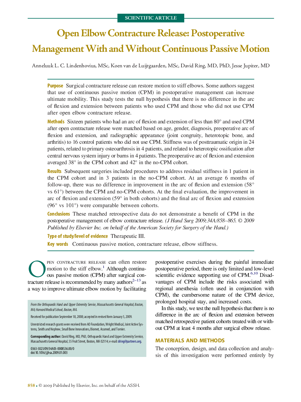 Open Elbow Contracture Release: Postoperative Management With and Without Continuous Passive Motion 