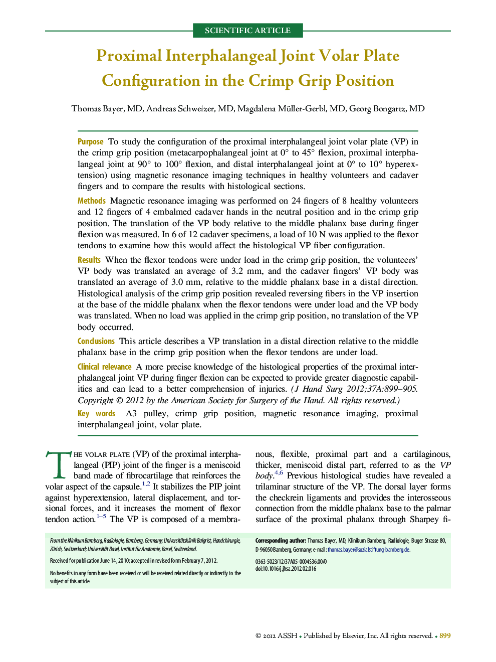 Proximal Interphalangeal Joint Volar Plate Configuration in the Crimp Grip Position 