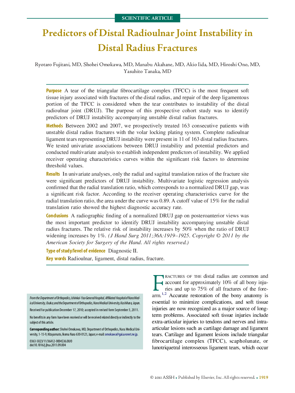 Predictors of Distal Radioulnar Joint Instability in Distal Radius Fractures 