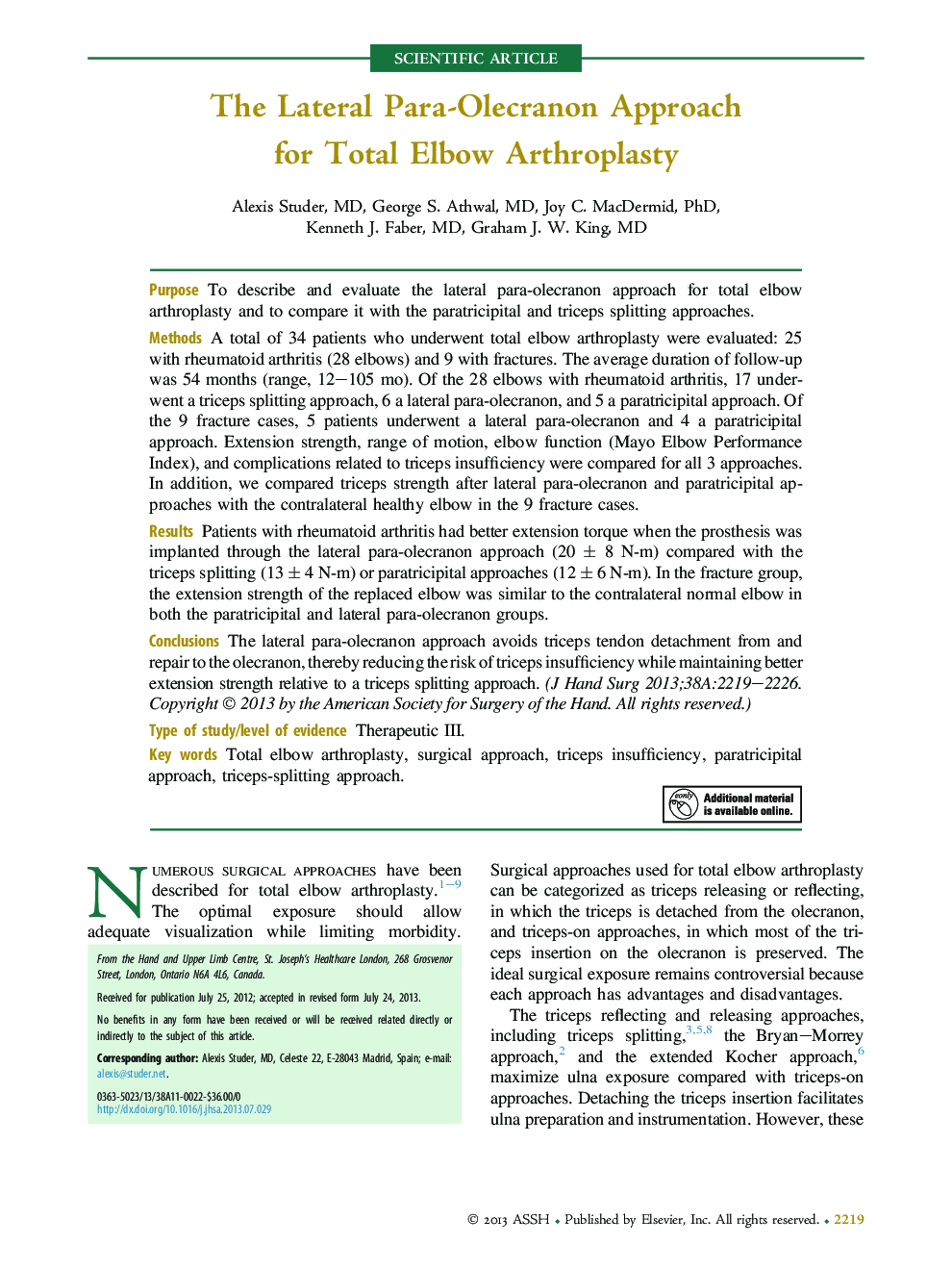 The Lateral Para-Olecranon Approach for Total Elbow Arthroplasty