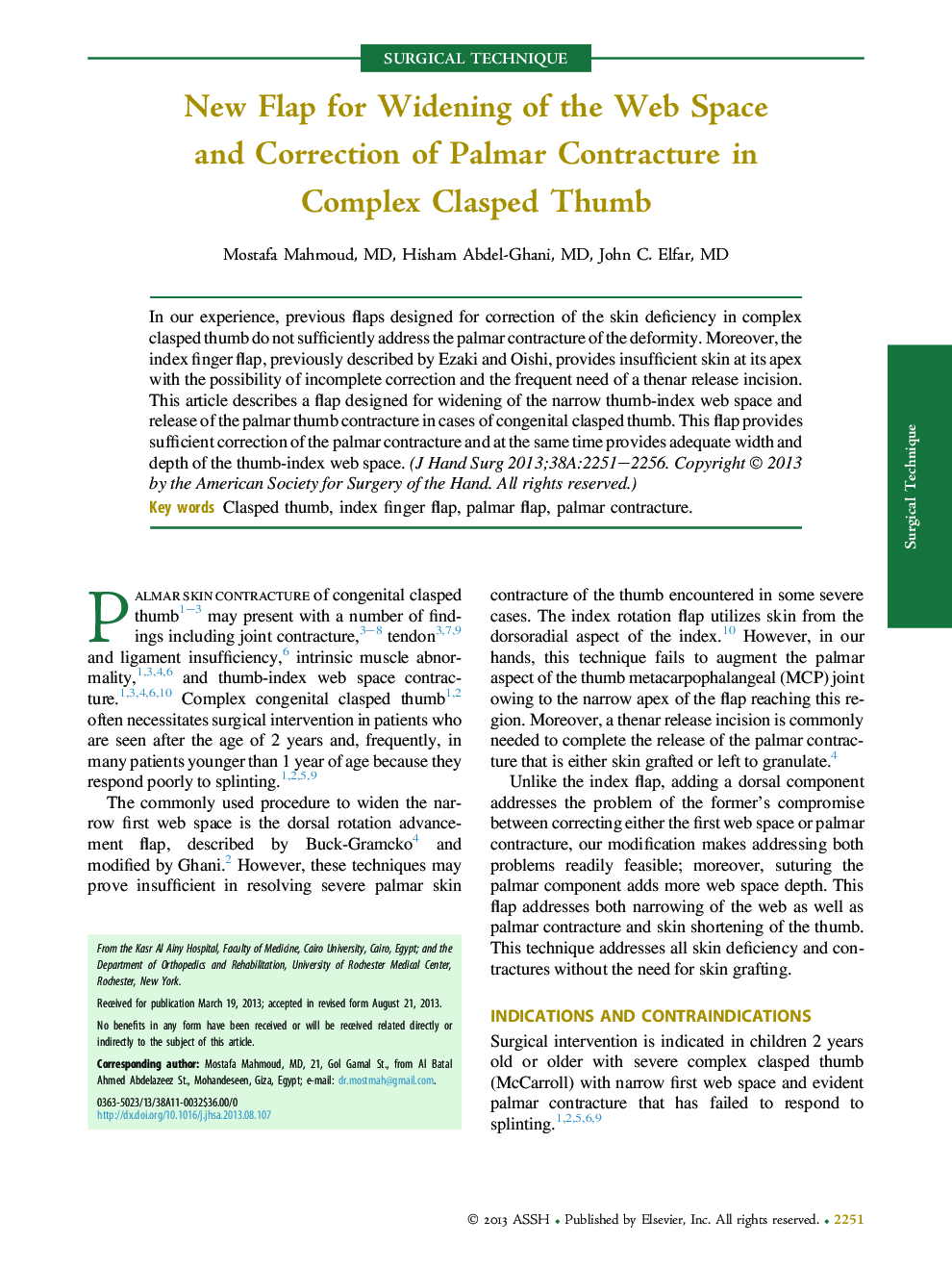 New Flap for Widening of the Web Space and Correction of Palmar Contracture in Complex Clasped Thumb 