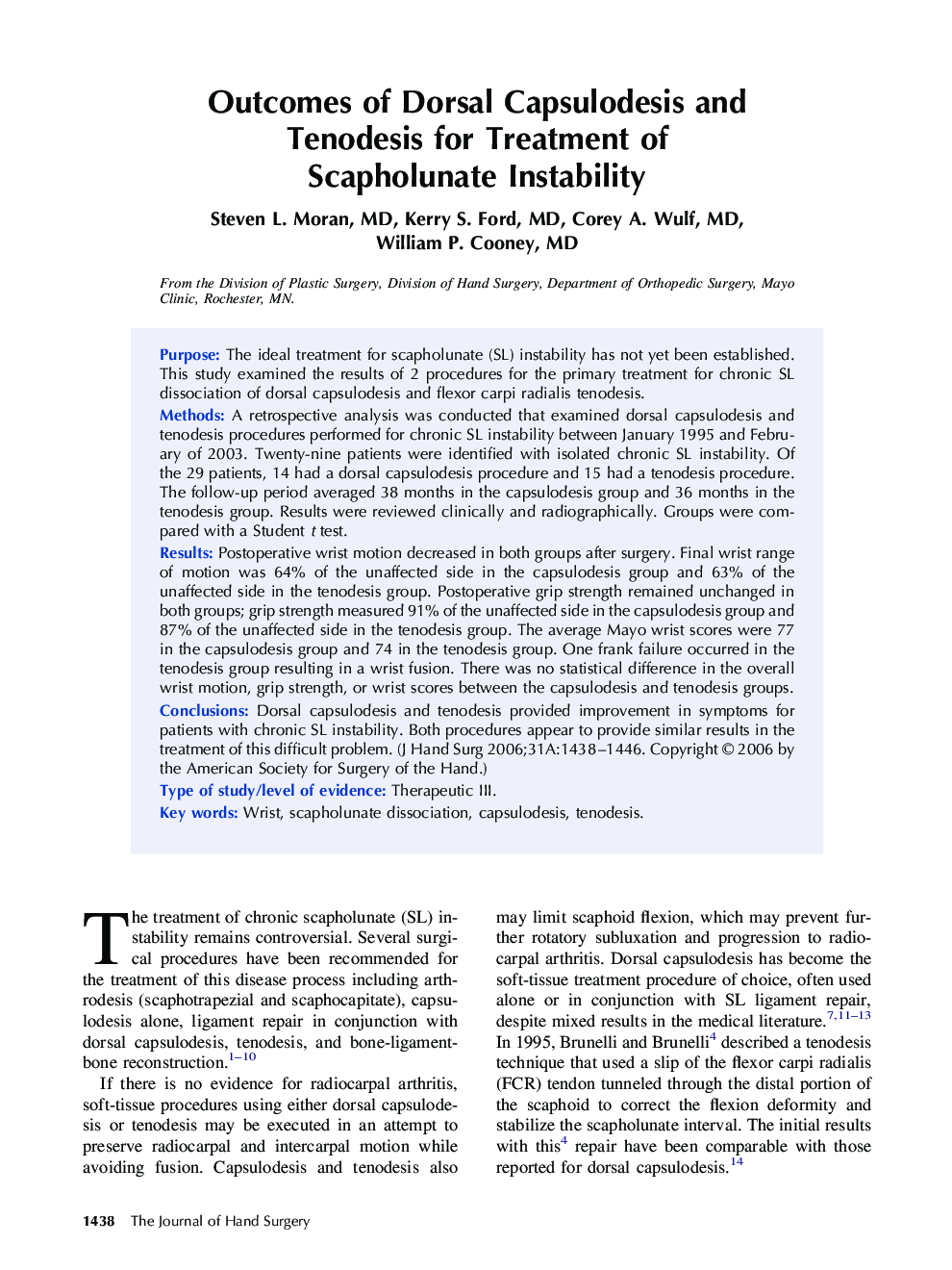 Outcomes of Dorsal Capsulodesis and Tenodesis for Treatment of Scapholunate Instability 