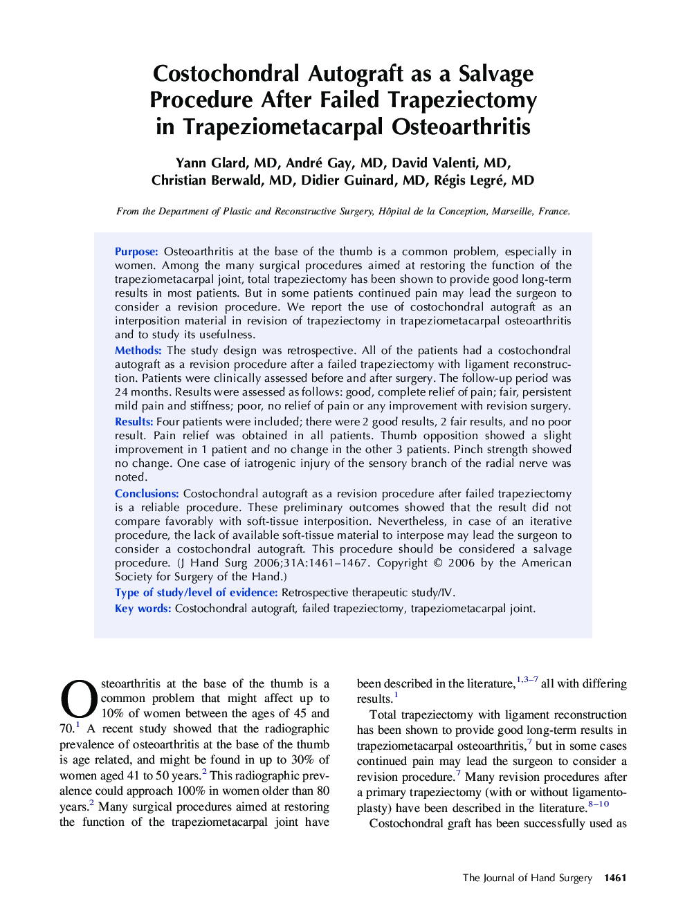 Costochondral Autograft as a Salvage Procedure After Failed Trapeziectomy in Trapeziometacarpal Osteoarthritis 