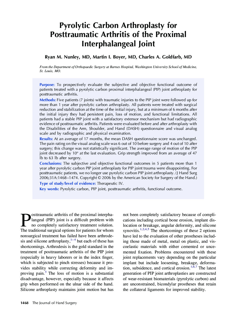 Pyrolytic Carbon Arthroplasty for Posttraumatic Arthritis of the Proximal Interphalangeal Joint 