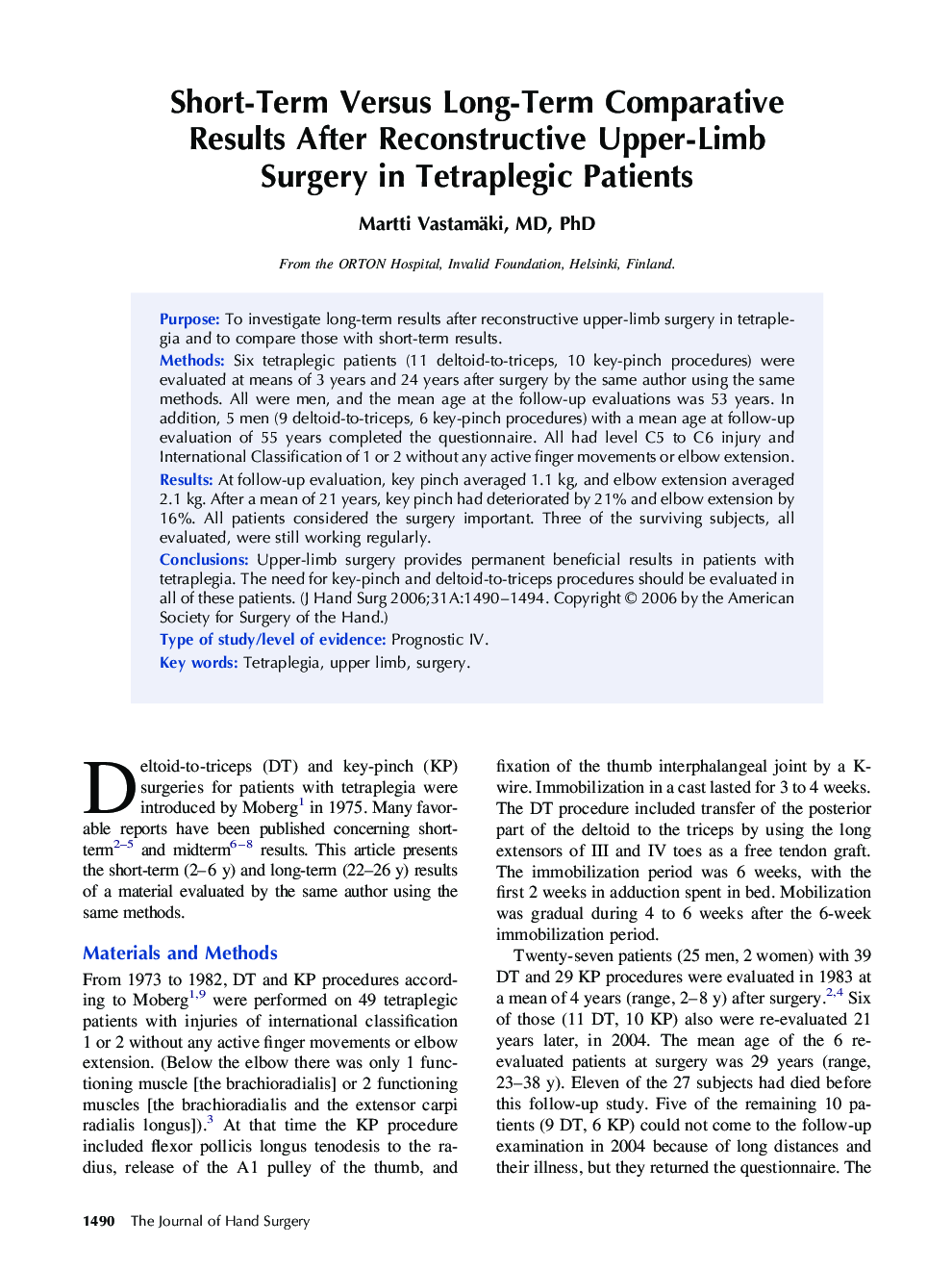 Short-Term Versus Long-Term Comparative Results After Reconstructive Upper-Limb Surgery in Tetraplegic Patients 