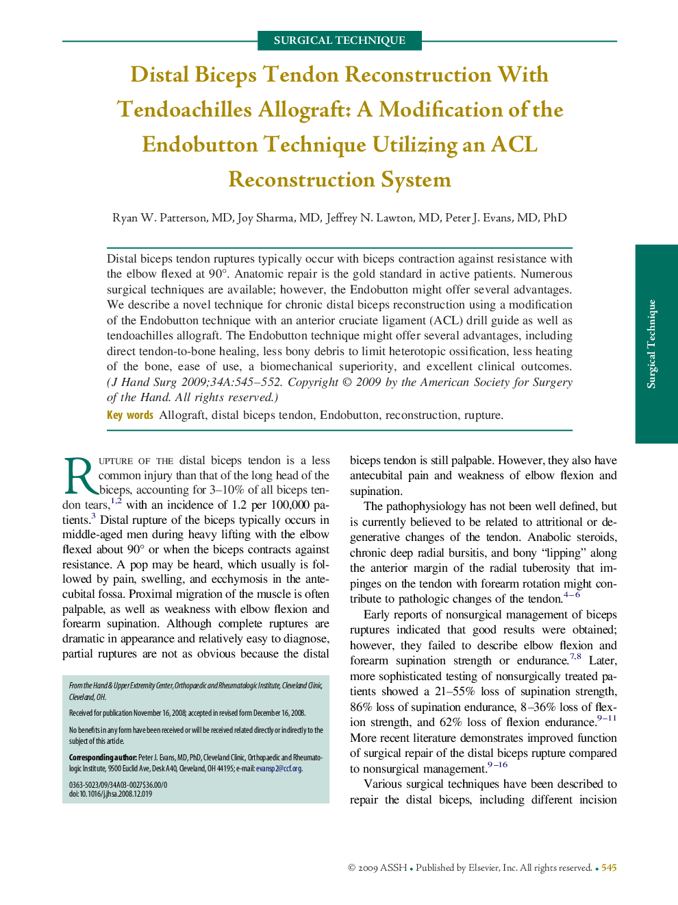 Distal Biceps Tendon Reconstruction With Tendoachilles Allograft: A Modification of the Endobutton Technique Utilizing an ACL Reconstruction System 