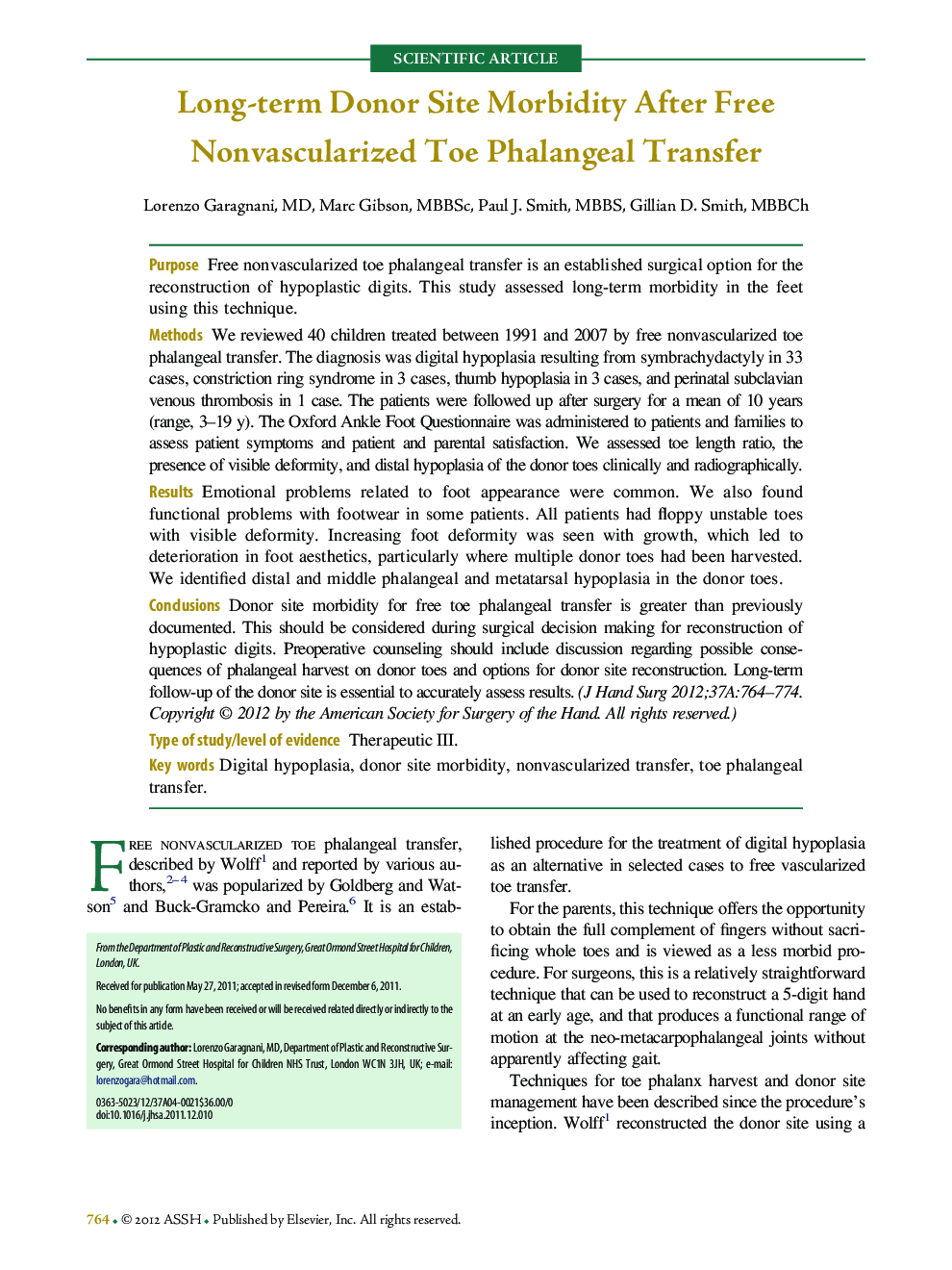 Long-term Donor Site Morbidity After Free Nonvascularized Toe Phalangeal Transfer 