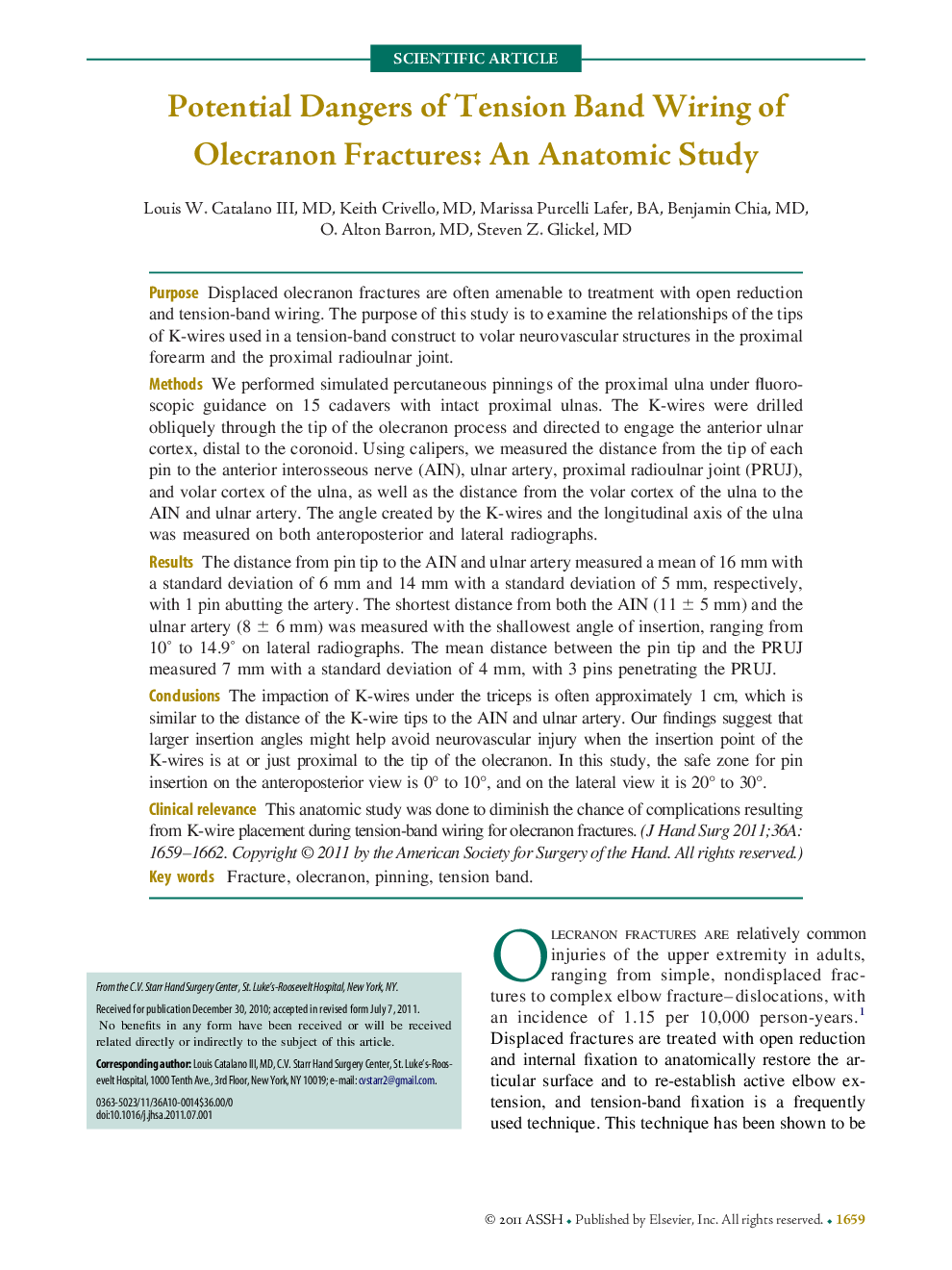 Potential Dangers of Tension Band Wiring of Olecranon Fractures: An Anatomic Study 