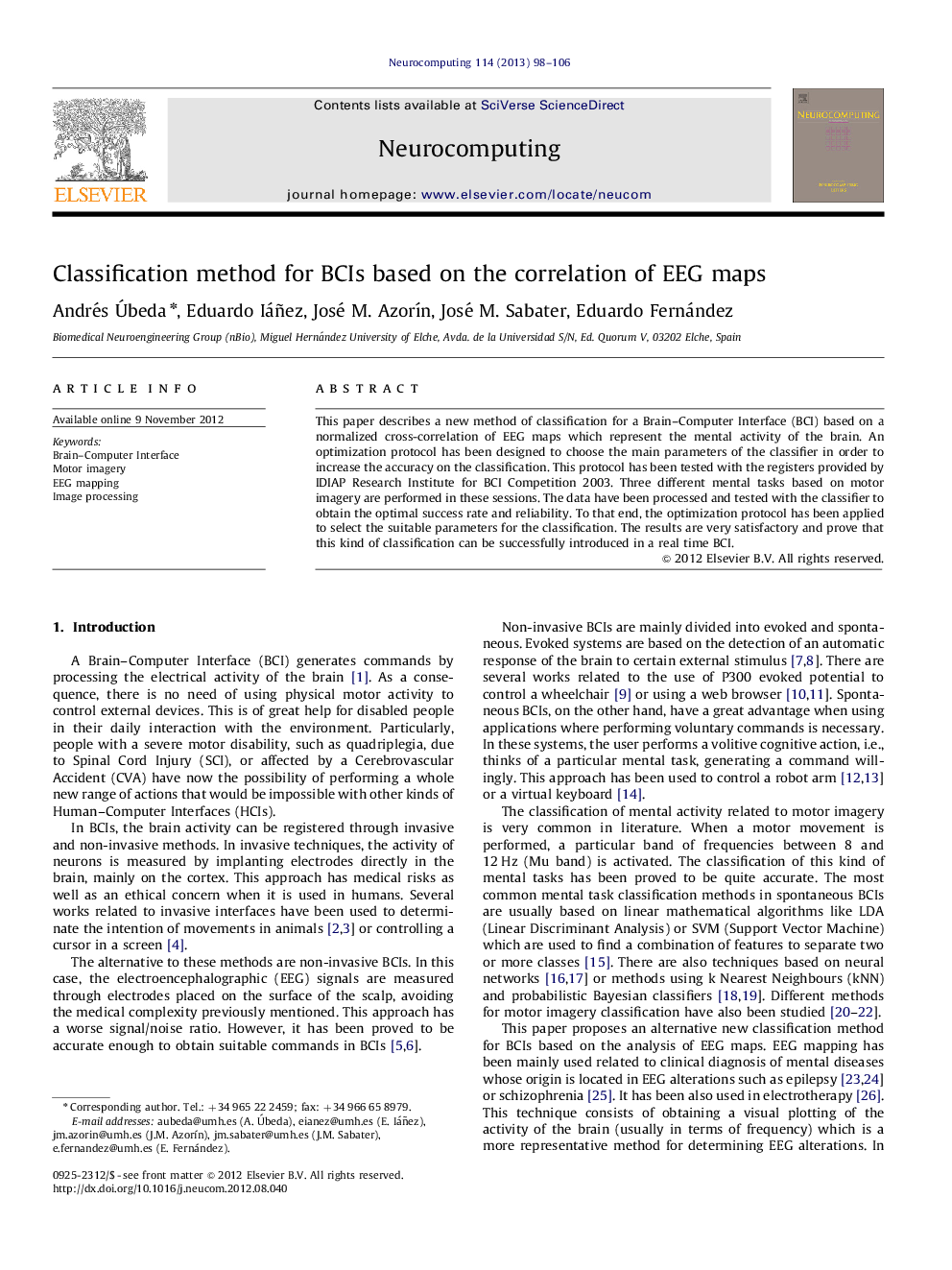 Classification method for BCIs based on the correlation of EEG maps