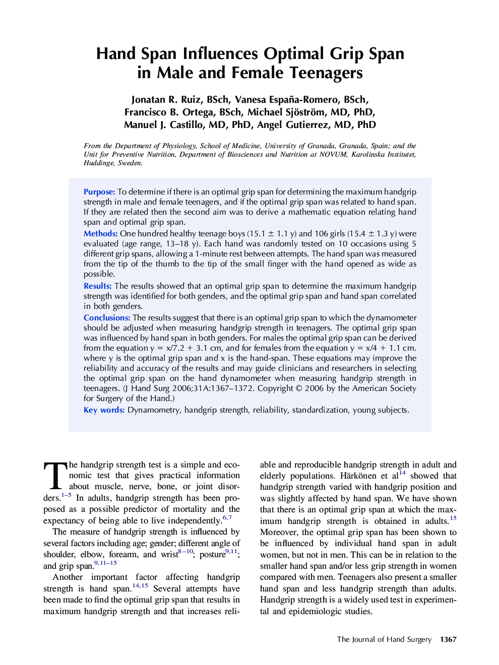 Hand Span Influences Optimal Grip Span in Male and Female Teenagers 