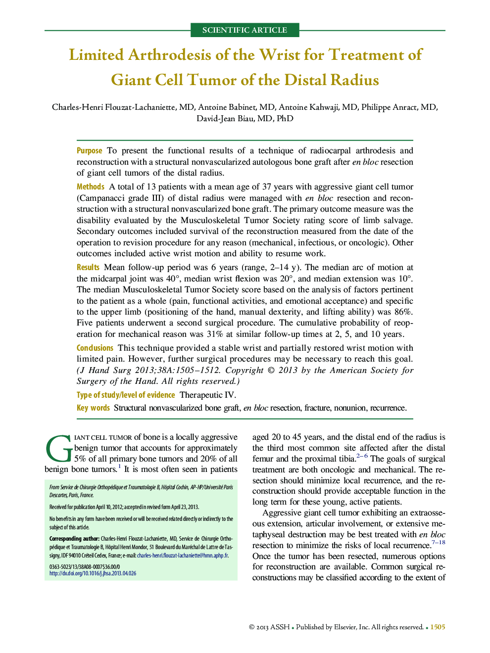 Limited Arthrodesis of the Wrist for Treatment of Giant Cell Tumor of the Distal Radius 