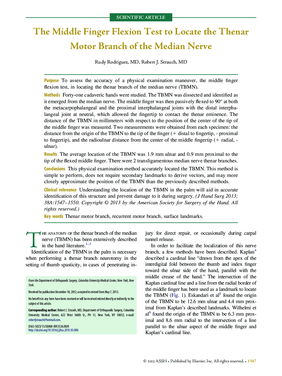 The Middle Finger Flexion Test to Locate the Thenar Motor Branch of the Median Nerve 