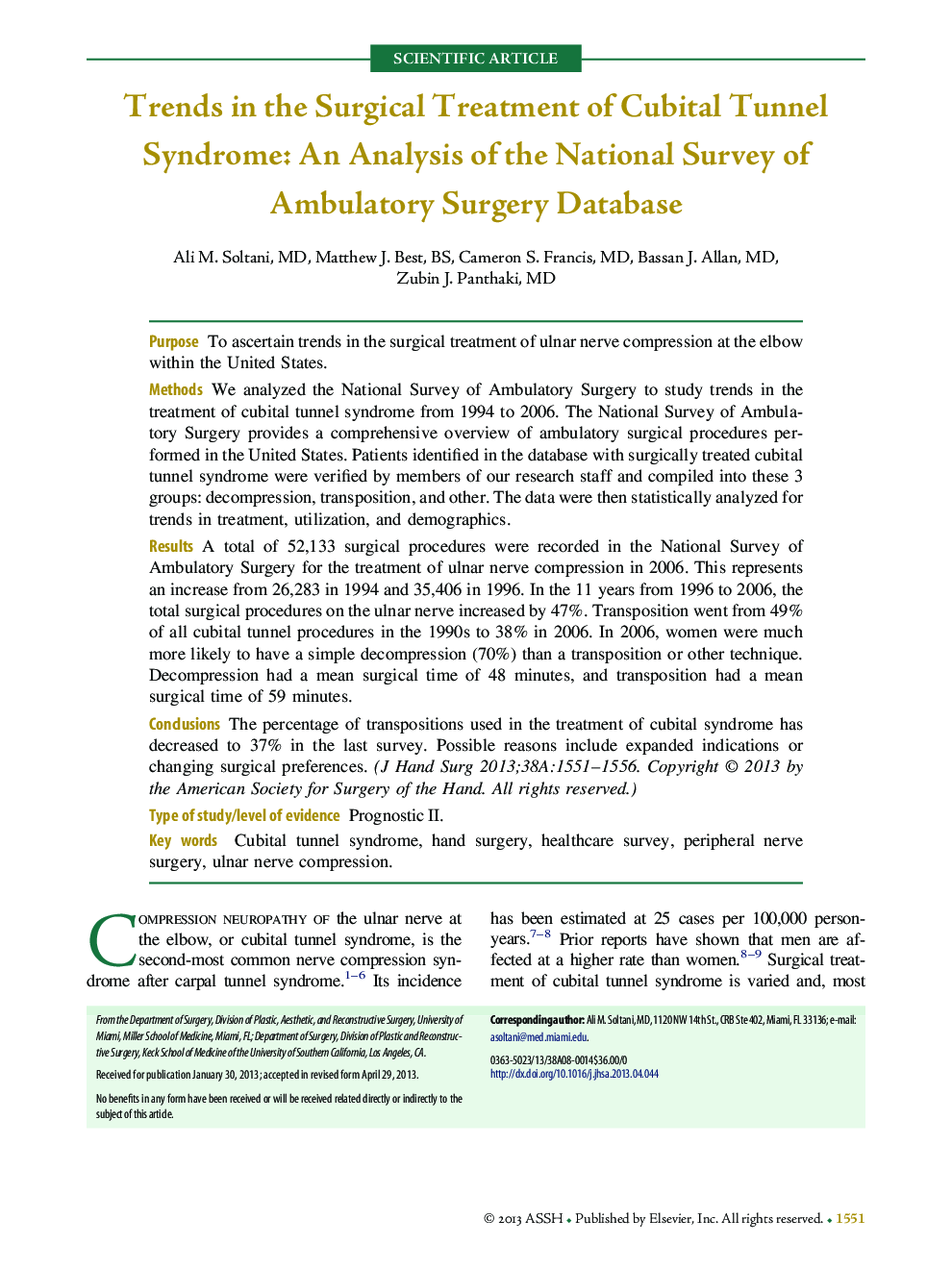 Trends in the Surgical Treatment of Cubital Tunnel Syndrome: An Analysis of the National Survey of Ambulatory Surgery Database 