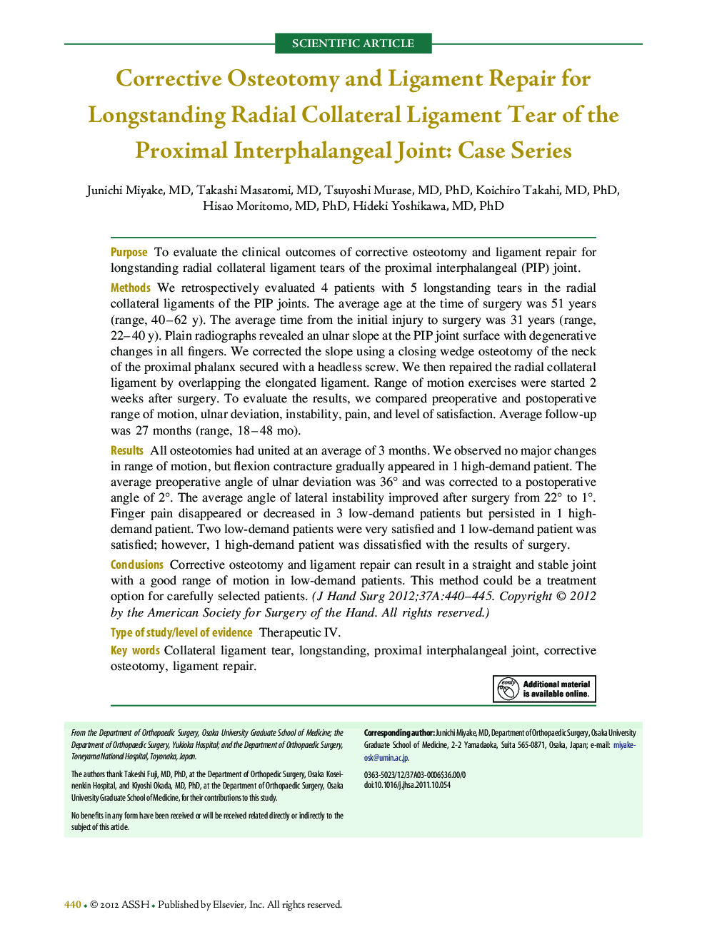 Corrective Osteotomy and Ligament Repair for Longstanding Radial Collateral Ligament Tear of the Proximal Interphalangeal Joint: Case Series 