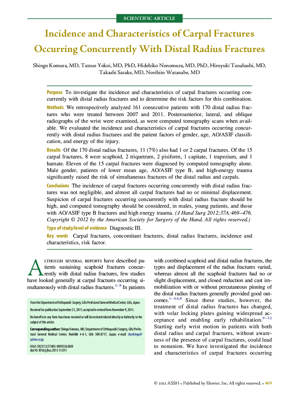 Incidence and Characteristics of Carpal Fractures Occurring Concurrently With Distal Radius Fractures 