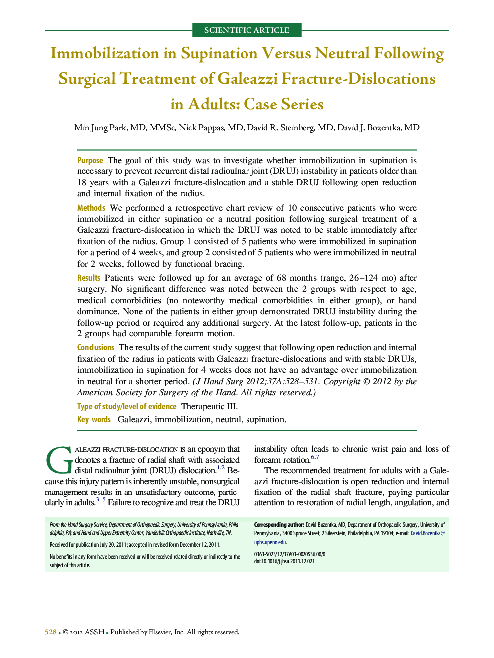 Immobilization in Supination Versus Neutral Following Surgical Treatment of Galeazzi Fracture-Dislocations in Adults: Case Series 