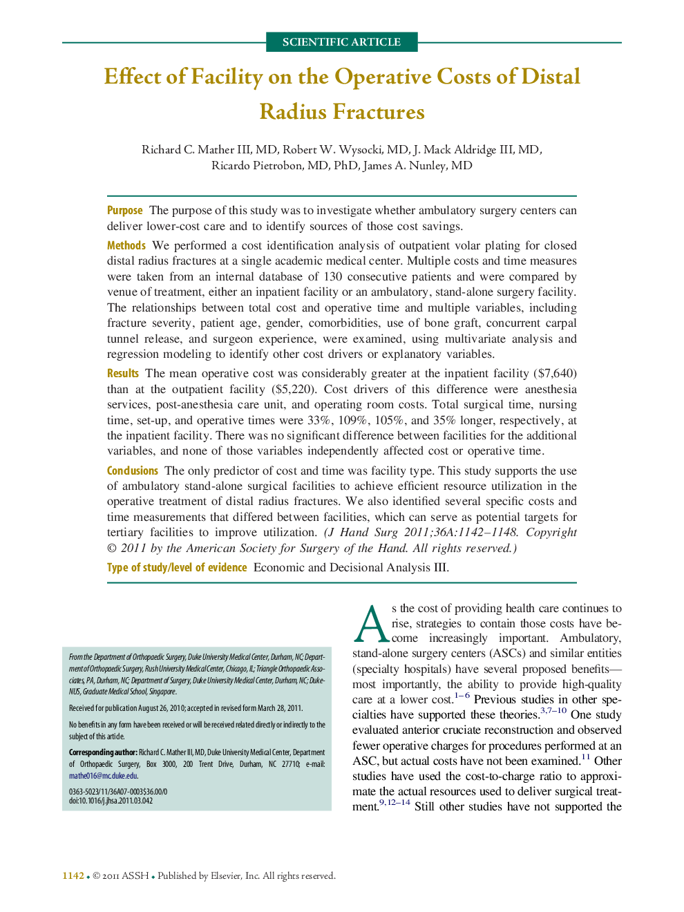 Effect of Facility on the Operative Costs of Distal Radius Fractures 