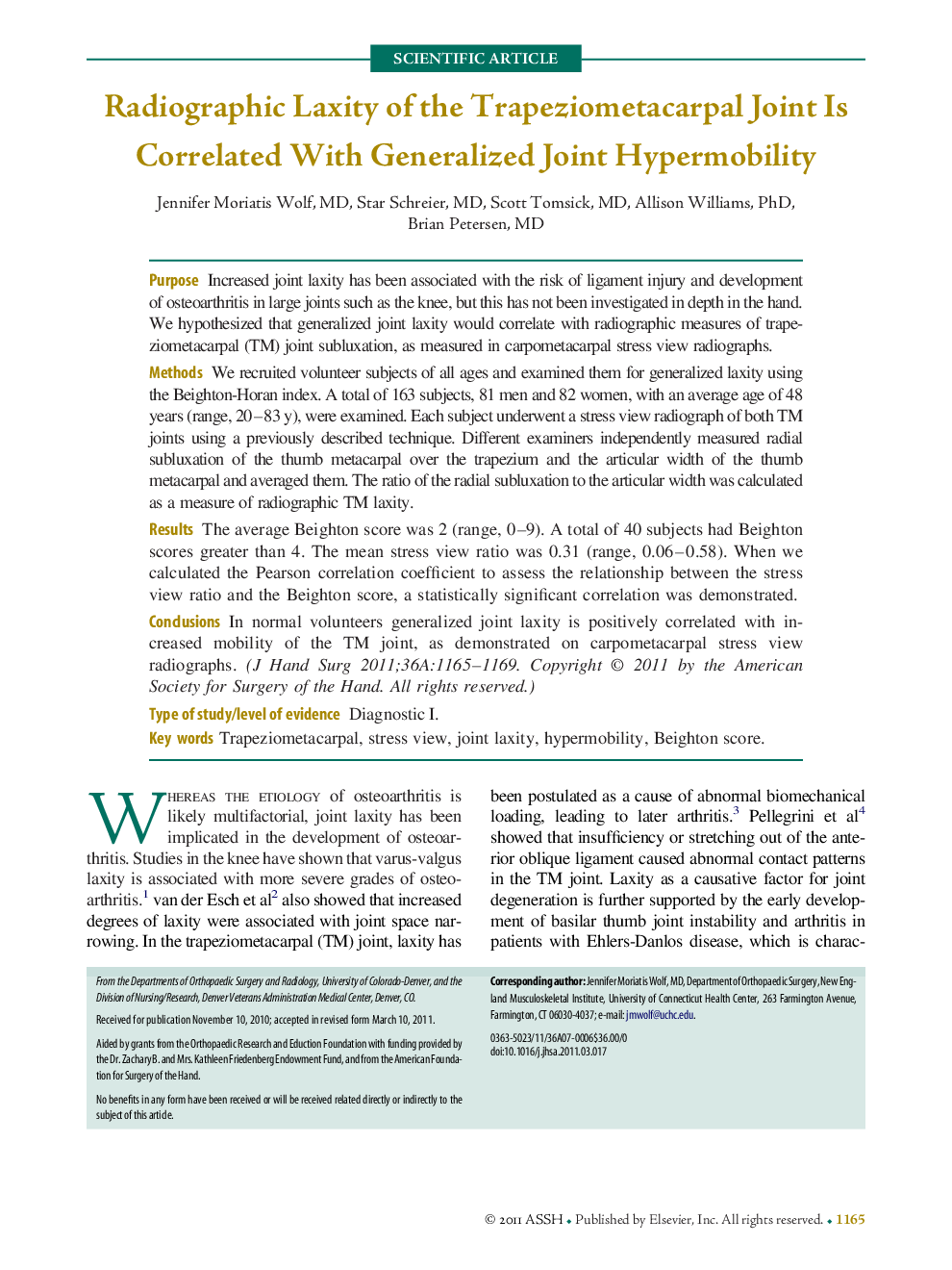 Radiographic Laxity of the Trapeziometacarpal Joint Is Correlated With Generalized Joint Hypermobility 