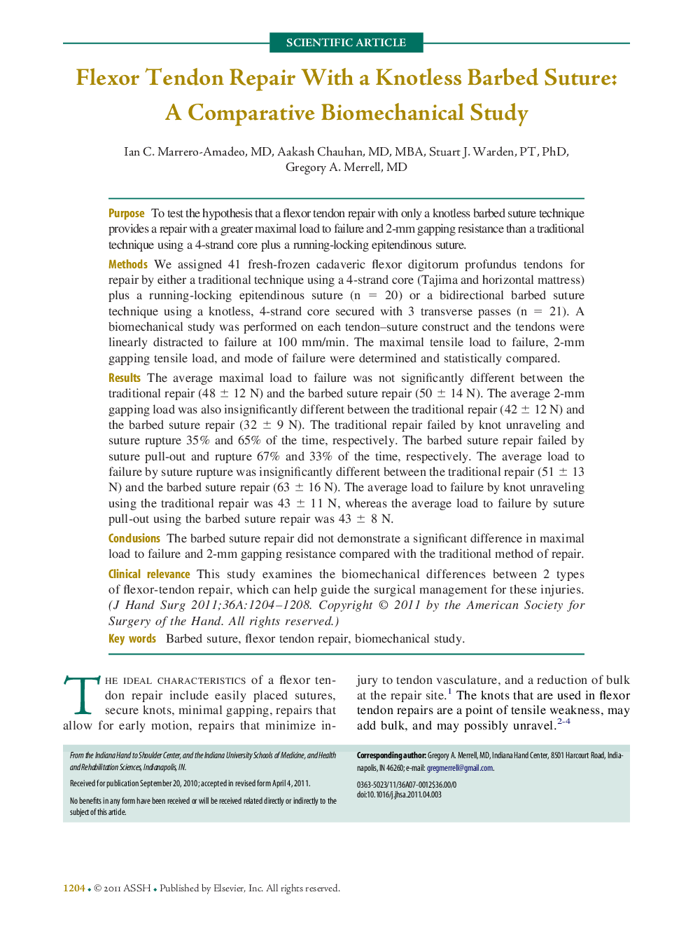 Flexor Tendon Repair With a Knotless Barbed Suture: A Comparative Biomechanical Study 