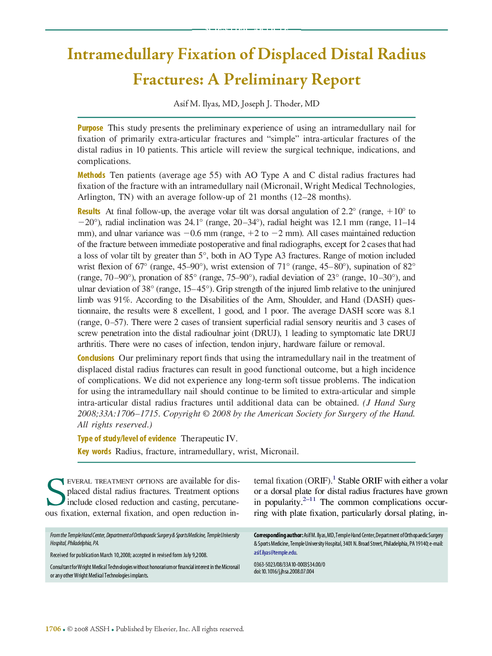 Intramedullary Fixation of Displaced Distal Radius Fractures: A Preliminary Report 