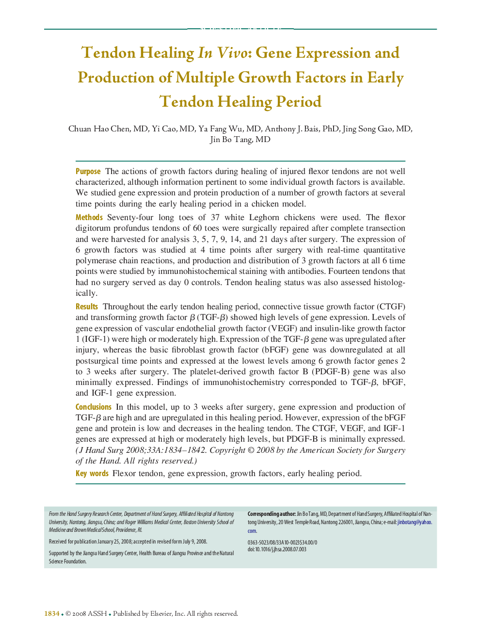 Tendon Healing In Vivo: Gene Expression and Production of Multiple Growth Factors in Early Tendon Healing Period 