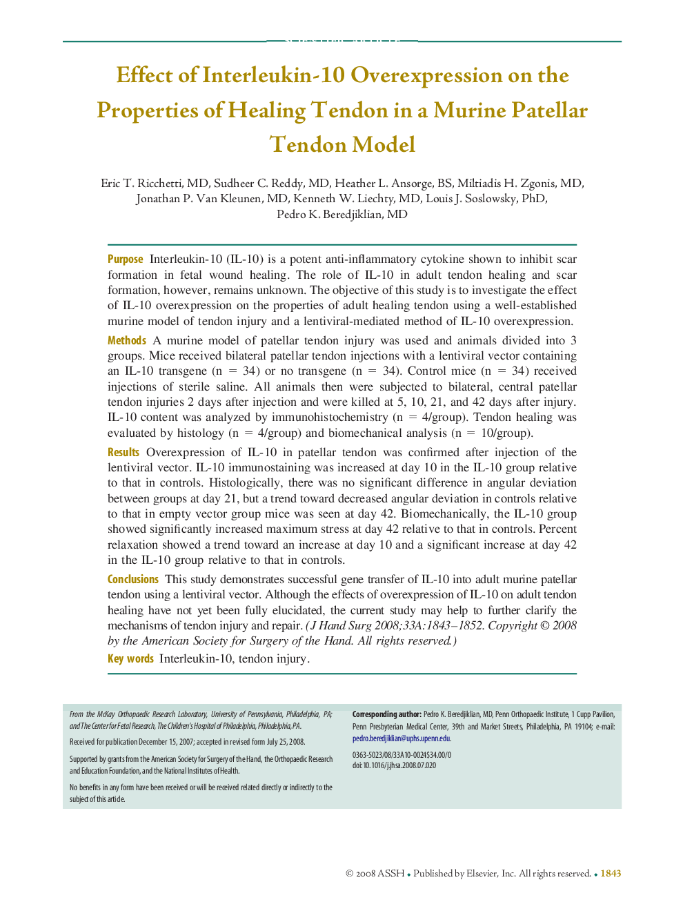 Effect of Interleukin-10 Overexpression on the Properties of Healing Tendon in a Murine Patellar Tendon Model 